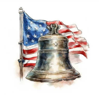 Original Liberty Bell of Philadelphia with american flag, Vectorial, highly detailed, watercolor, clipart, illustration, white background, digital painting, paper crafting, no signature, no text, very detailed , Cartoon,hyper realistic, intricate detail, illustration style,high solution,on the white background