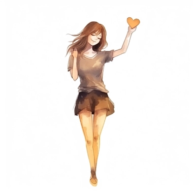 watercolor, Woman with hand on kind heart, feeling self-love, bliss, harmony, and positive emotion. Happy calm peaceful girl volunteer. Care, humanity, self-help and peace concept png Full body realistic cartoon in 32K UHD cute. 15 cm thick outline. Black color. There was no shadow on the ground. 8k with realistic watercolors and detailed illustrations. PNG clipart, transparent white background