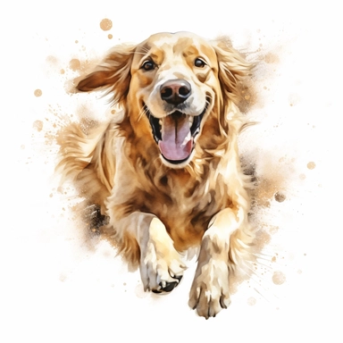 an energetic watercolor clipart image of a Golden Retriever with a white background, leaping or running with their tongue out, full body