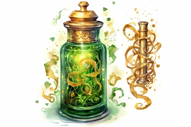 Create a watercolor clipart of an enchanting magic elixir bottle in vibrant shades of green and gold, featuring swirling tendrils and mystical symbols, emanating an aura of ancient magic and wisdom, viewed from a slightly tilted perspective, hd, spaced out, on a white background