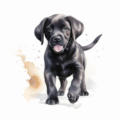 black labrador retriever puppy happy, watercolor illustration, clipart, full body, hyper-realistic animal illustration, childlike, free brushwork, white background