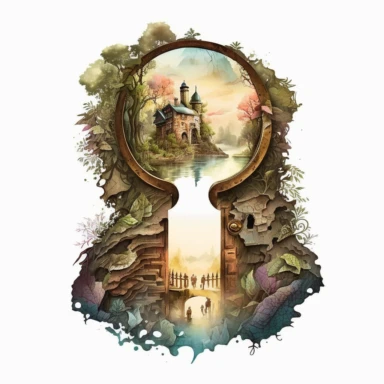 looking through a keyhole to a fantasy scene. artwork medium is watercolor clipart.