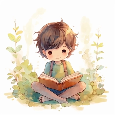 cute little boy reading a book, folk art, watercolor, clipart elements, kawaii, white background