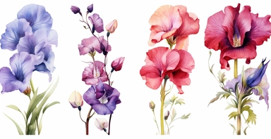 Watercolor realistic Hollyhock, iris, morning glory orchid and peony floral cliparts with white background