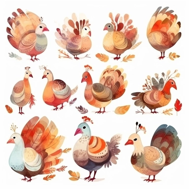 Clipart collection, cute turkey, single design, vector, white background, watercolor