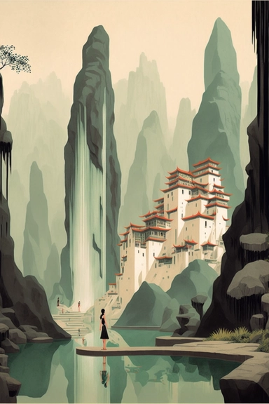 in the style of Ryo Takemasa, xuan loc xuan, Lisa Audit, Anastasia Suvorova, Jon Klassen, greg tocchini,majestic fictional cosmic arcology walled Chinese town the magical megacity in old legends looking like hongya cave in chongqing, waterfall, coral cliff under the ground, imaginaire paysage fantastique setting, angelarium, exotic biome, cascading dwellings, fantastic realism, tranquil and serene, anemoia, white background, vector, clipart, elaborate, ultra-detailed, best quality illustration, 