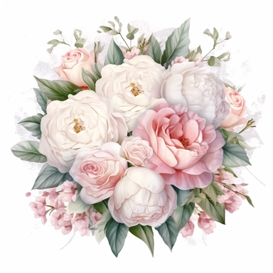 Design a bridal bouquet clipart that embodies romance and elegance. Consider using soft, delicate flowers like roses or peonies as a starting point. white background