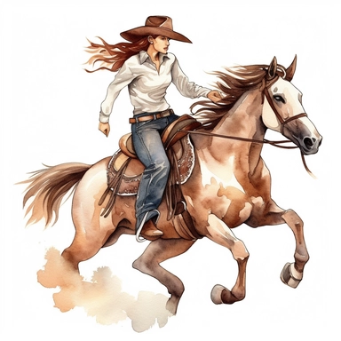 beautiful clipart of a a cowgirl riding a bucking bronco horse in water color on a white background