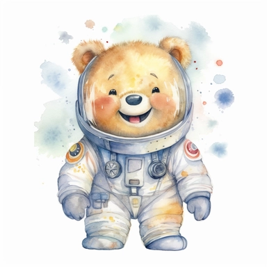 A cute hand-drawn watercolor Astronaut Bear in Space expressing happiness, smiling, laughing, cute core, happy core, Watercolor Nursery Theme, Clipart, flat illustration, isolated on white background, single image variant, 16K megapixels UHD,