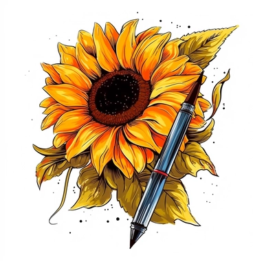 sunflower and pen letter drawn in watercolor, vector design, cutout,Sublimation Clipart ,Cartoon,hyper realistic, intricate detail, illustration style,high solution,on the white background