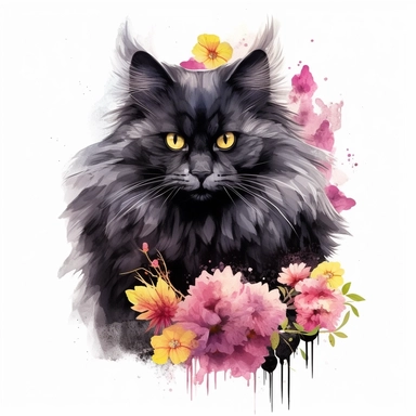 fluffy long haired persian black cat with flowers, dark watercolor clipart , ultrarealistic, very detailed, finished corners, finished edges, no excess sprinkles