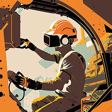 excavator cockpit, worker wearing vr headset, virtual reality hmd, poster, simplistic, abstract, vector, 2d illustration, clipart, few colors