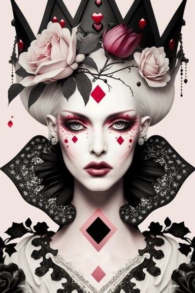 <https://s.mj.run/9tV4APT6Ydk> macro shot, haute couture dolce & gabbana illustration clipart of gothic Alice in Wonderland evil queen of hearts with black diamonds and flowers, pink color palette, white background,