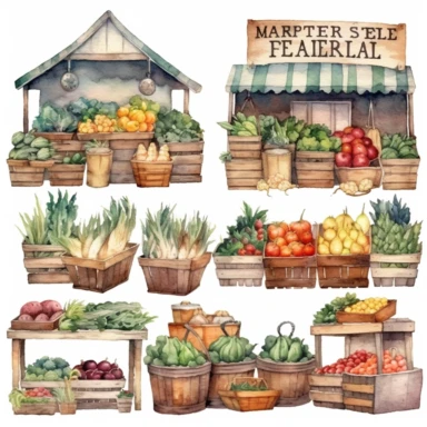 Watercolor Farmer's Market clipart: farmer, vegetables, baskets, boxes, trucks, carts, stalls
