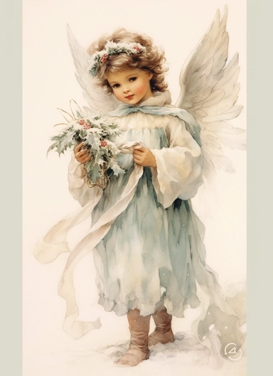 beautiful little Christmas angel , beautiful Christmas clipart, soft faded colors, art by Marjolein Bastin, Thomas Kinkade, Carl Larsson, Norman Rockwell, Susan Wheeler