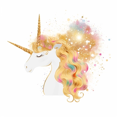 one gold glitter unicorn clipart with a rainbow an fluffy gold clouds,, white background
