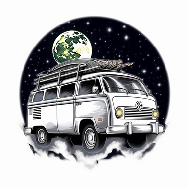 Create a mesmerizing image of a van navigating through a mystical wave, surfboards poised for action, with a magical full moon casting its luminous glow, contrasting beautifully against a white canvas, mystical, illustration style, white background, clipart, PNG pure white background, high resolution, hyper detailed, best quality, high detailed illustration