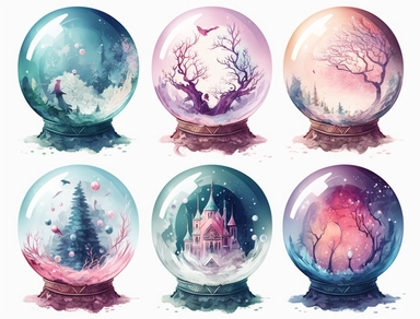 6 magical pastel crystal ball, clipart, pixel art, deep colours, white background, watercolour illustration style, dreamy, clear border around, 8k, intricate detailed , 8k, png