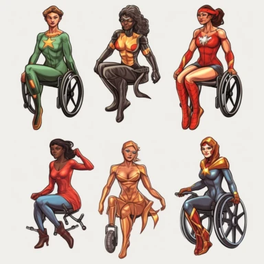 6 clipart elements, series of very hyperdetailed colorful stickers, beautiful superhero women with disabilities using aids, marvel style, superheros, each sticker with a clear white outline between each element, light grey background, realistic