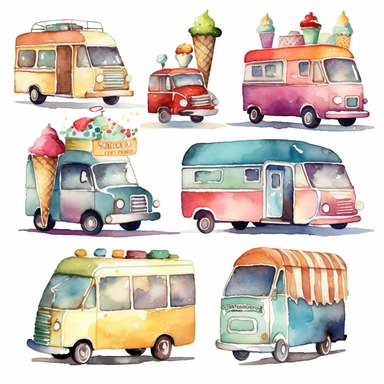 Watercolor 8 Ice Cream trucks clipart, Ice cream van, Ice cream shop, Free-cut on an all-white background, no shadows, primary colors, maximum contrasts
