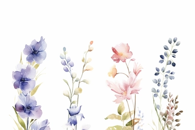 COLLECTION OF enchanted BLUE BELL FLOWERS AND LAVENDER FLOWERS flowers SET ON A ROW, GREEN LEAVES COVER IN BETWEEN, WATERCOLOR HAND PAINTED clipart, WATERCOLOR AIRY PASTEL COLORS, VISIBLE WATERCOLOR BRUSH TOUCHES, DREAMY AND ELEGANT, COLORFUL DREAMY FLOWERS, white background, WATERCOLOR 8k,