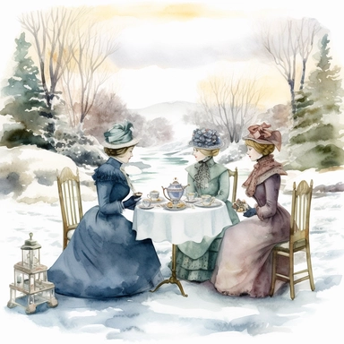 complex watercolor illustration of four victorian women/ladies having a Garden Tea party in a euphoric winter landscape, cottagecore, in KARL MARTENS style isolated,concept,art,8k,hd,watercolor,detailed,on white backround,clipart,--aspect 2:3