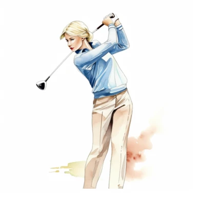 Idyllic watercolor clipart of a young modern female golfer with light hair in close-fitting Ralph Lauren trendy golf clothes standing upright taking a swinging golf shot, isolated on a pure white background, insane detail,
