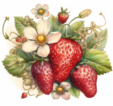 DESIGN A MAGNIFICENT AND EXQUISITE BREATHTAKING ONE-OF-A-KIND HIGH QUALITY HIGHLY DETAILED MASTERPIECE WATERCOLOR CLIPART ILLUSTRATION OF A strawberry heart 3 hearts with strawberries, in the style of ethereal symbolism, marguerite blasingame, WHITE BACKGROUND, NO FONT, NO TEXT, NO WORDS, NO WATERMARK