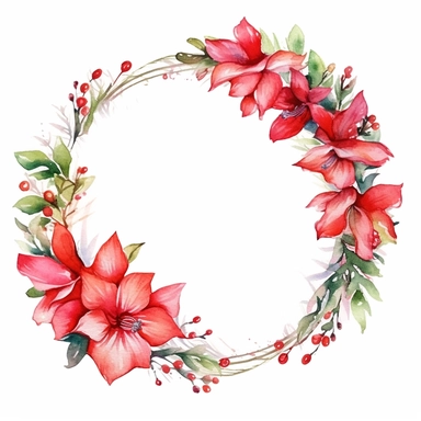 one Christmas round flower frame clipart seamles ornament on a white background, in the style of watercolor landscapes, red and green, no watermark, text, 300 DPI , typography, shapes do not stick together, no text in the picture, on a white background