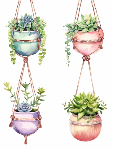 watercolor clipart set with white background, cute macrame hanging planter with succulents, cute and adorable, flat design, clearly defined with separated images, high quality