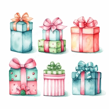very simple watercolour childrens book style drawing of different isolated happy cute christmas gifts, pastel colours soft on white background for clipart, 8k