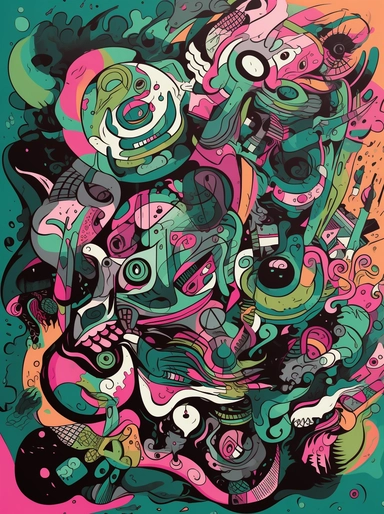 dr rnasacs cartoon pattern, abstract pattern, illustration for free vector clipart, in the style of tristan eaton, pink and green, concert poster, fragmented architecture, abstracted grotesqueries, anton fadeev, graffiti-inspired mixed media