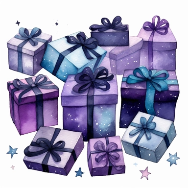 This watercolor Clipart of eleven gift boxes by Thomas W. Schallerof features a galactic design with shades of purple, blue, and black. The box is rectangular in shape and tied with a black ribbon and a small star charm.