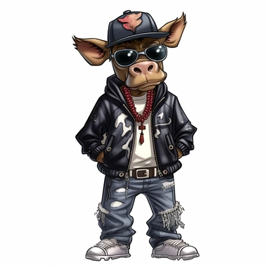 highly detailed clipart of a furry baby cow calf like person standing up wearing a baseball cap and dressed in 2000's style hip hop rapper fashion and sneakers and jewelry. child like looking furry cow. Nelly the rapper style.