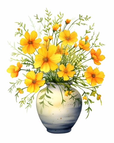 detailed vibrant watercolor bouquet of yellow cosmos in round ceramic vase white space , isolated on white background, realistic, clipart