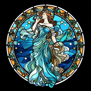 Stained Glass Aquarius Queen Sublimation, dark style, on a white background, hand draw Illustration clipart, 4K, extremely detailed