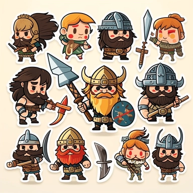 10 cute barbarian soldier army stickers collection, clipart design, cartoon, 4k, white background