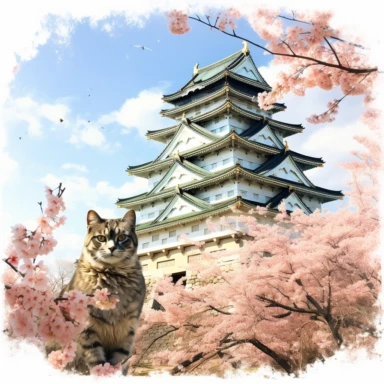 cherry blossoms laden on Osaka Castle Bottom, Siamese Cat wearing a Japanese kimono, sunset. Clipart Watercolor By Yuzo Komori. clean line, white background & space around. Bottom view