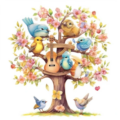 Nestled among the lush foliage of a Spring tree, a family of birds chirps happily, their melodious songs filling the garden with music, ,clipart, on a white background.