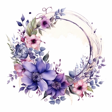 beautiful watercolor floral wreath with decorative elements, purple, flowers, leaves, clipart, isolated on white background, bojo, vintage, lithograph, 32k uhd, texture