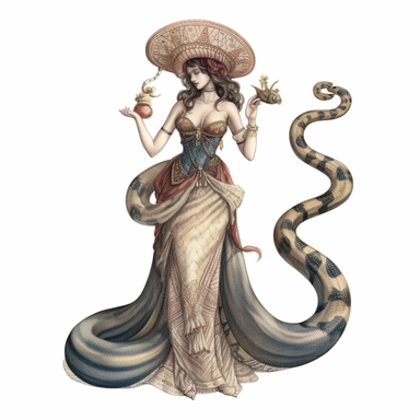 hand drawn vintage circus cobra that has a womans top half, glamorous, soft, detailed and realistic, watercolor, clipart style, white background with margins