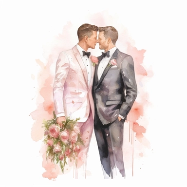 watercolour wedding couple gay, clipart on white background, highly detailed, professional color gradation, clean sharpness