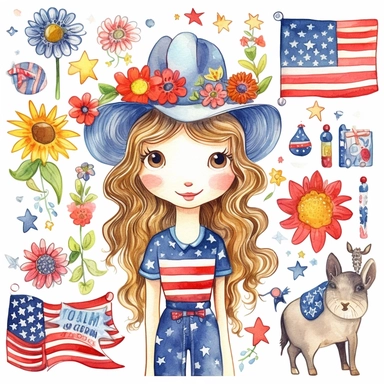 watercolour graphics collection including 4th of July cliparts: USA flag, cow in a USA flag bandana, hippy bus, American map in the American flag colours, cowboy boots with American flag colours, sunflower bouquet with the American flag, white background, in the style of emily balivet, soft, blended colors, contrasting colors, kawaii manga, floral explosion, vector, cartoon animated