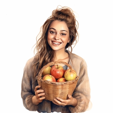 hyperrealistic high detailed happy woman holding a small apple basket watercolor clipart, white background