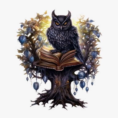 Watercolour dark fantasy black royal gothic deadly nightshade tree stood with dark magic books with deadly nightshade lanterns magnificent gothic owl stood on tree with mesmerising compelling features perfect magnificent detailed wings beautiful compelling realistic eyes PNG image ultra highly detailed, 18k, sharp focus, bright photo with rich colours digitally enhanced, enhanced graphics, straight, sharp focus, bright lighting, intricate detailed png image ,high definition,300dpi,graphic clipar