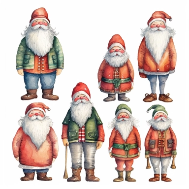 spaced apart, seperate, 4 x single, Highly detailed, christmas santa themed Doll, individually spaced, seperate, apart, watercolour clipart, vibrant colours, vibrant design, with white background, individually spaced, seperate, apart, Cut out doll used in Cardmaking, Mixed Media Crafts, as a character sheet, on a white background in the style of Marker drawing by Jasmine Becket - Griffith