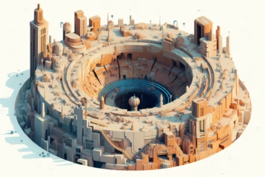 a close up of a infinite loop open pit mine on a white background, james gilleard and james jean, escher, trending on artisation, connectedness, scutoid, mit technology review, by Sam Spratt, dan mcpharlin : : ornate, wormholes, tetris, monolithic, stylized stl, clipart icon, simple 4 colors from gray to metalic blue, vector-based, sharp border, plane color and very define, high quality, digital art, 8k resolution, masterpiece, congruent, amazing, incredible, awe-inspiring, mind-blowing, masterf
