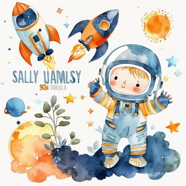 Space watercolor nursery baby boy clipart cute astronaut planets rockets no text