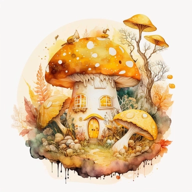 Watercolour yellow, orange Magic Mystical Mushroom clipart with white background cottage surrounded by fruits and front garden, with yellow buttlerflys