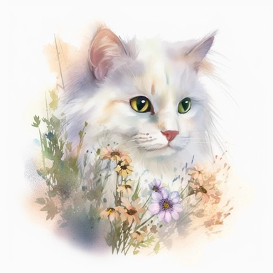 a white fluffy cat with wildflowers, Clipart pastel, style is watercolor vintage, soft face, Adorable, Charming , Endearing , fluffy, Furry, Gentle, innocent Playful, Precious, soft, Sweet, Tender, Whimsical, 4k
